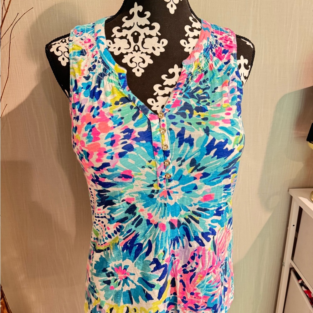 Lilly Pulitzer Blue and Pink Fitted Sleeveless Polo Tank Top